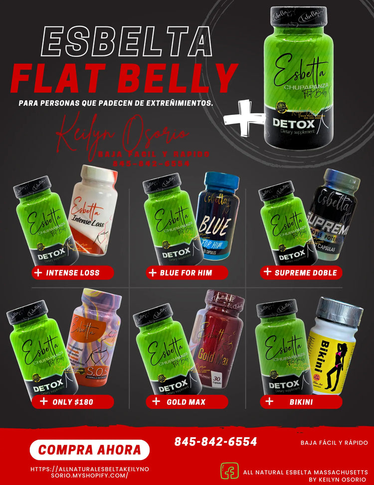 Promotional poster for Esbelta Flat Belly and Detox supplements, showing various colorful product bottles, contact info, and a call to action to purchase. Text is mainly in Spanish.