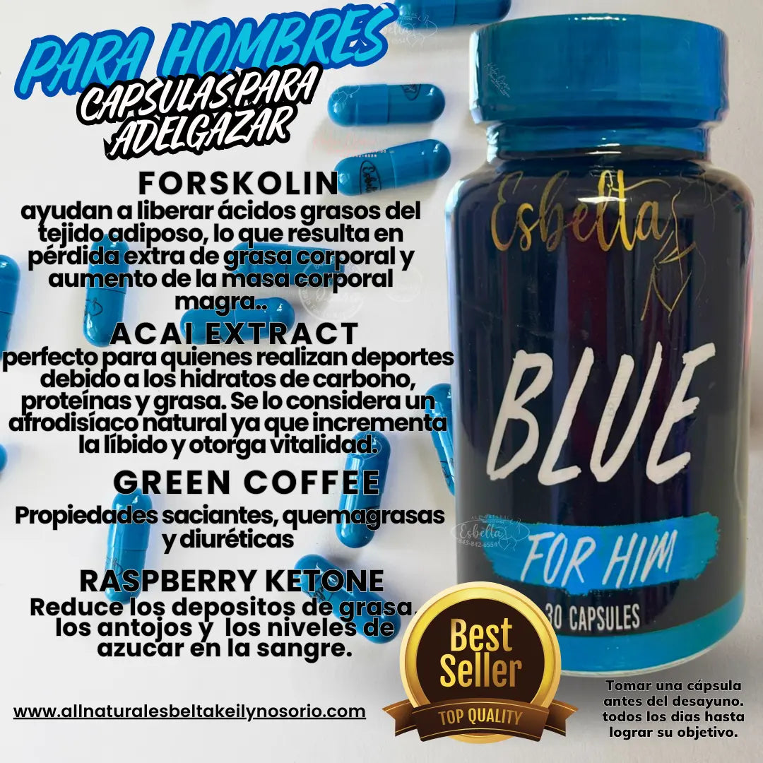Blue bottle labeled ESBELTA BLUE Y ESBELTA DETOX ELB CÁPSULAS PARA LA PERDIDA DE PESO with blue capsules. Text highlights natural ingredients supporting mens metabolism and fat loss. Gold Best Seller badge shown.