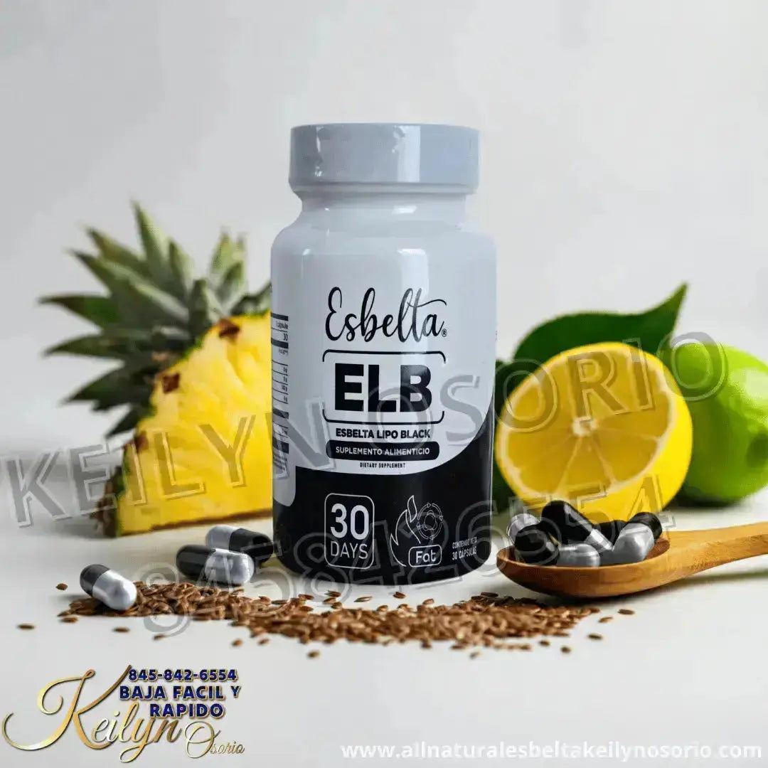 ESBELTA BLUE y ESBELTA DETOX ELB cápsulas para la pérdida de peso sobre una superficie blanca, rodeadas de lima, piña, linaza, cápsulas negras y plateadas, y un follaje verde—perfectas para el apoyo en la gestión del peso masculino.