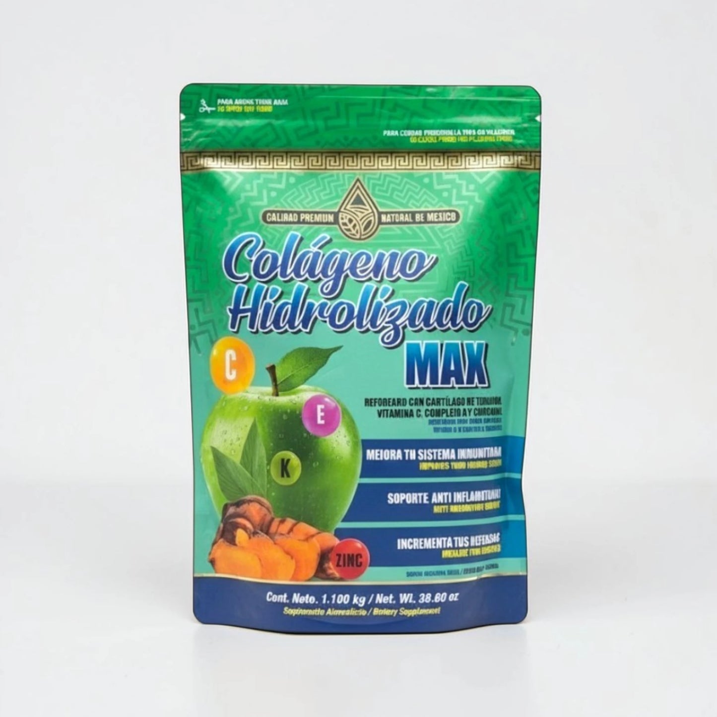 Bolsa de Natural de México Colágeno Hidrolizado MAX sabor manzana verde, presentación de 1.1 kg.