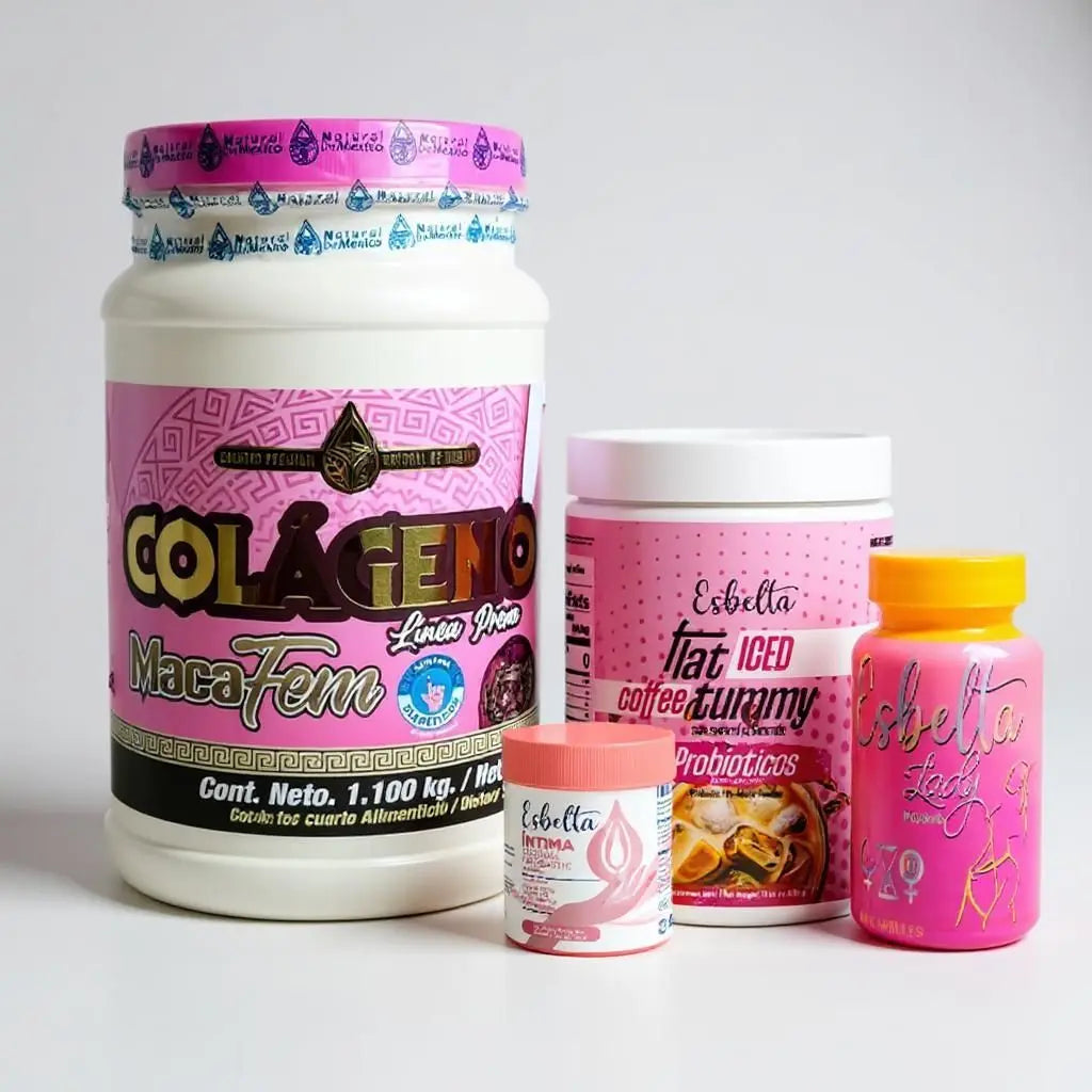 Kit de suplementos para mujer con cuatro productos sobre un fondo blanco: bote grande de Colágeno MacaFem, frasco de café frío Esbelta Flat Tummy, y botes de Esbelta Lady y Esbelta Intima bella coffee