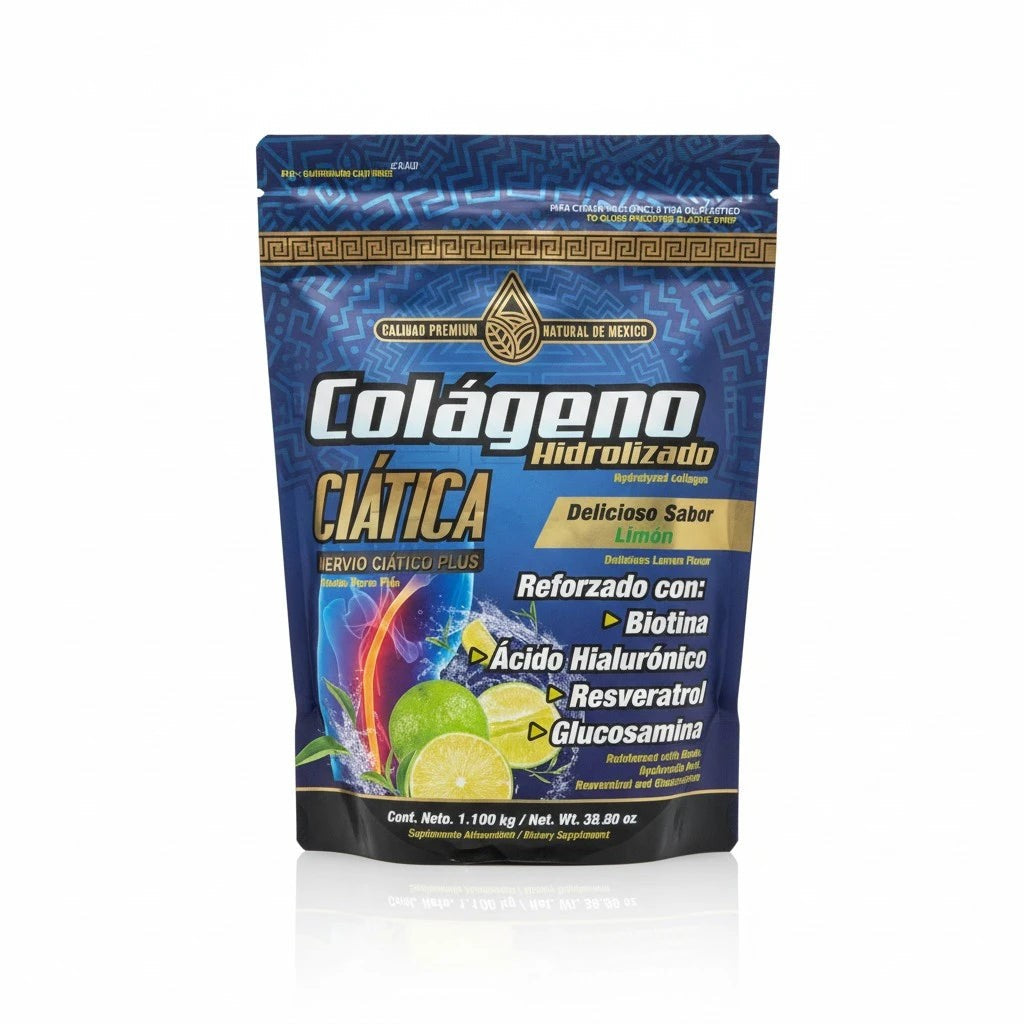 Bolsa de Natural de México Colágeno Hidrolizado Ciática sabor limón, presentación de 1.1 kg.