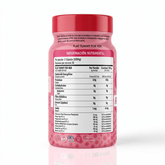 Frasco de Esbelta Flat Tummy de U BODY STORE con etiqueta de información nutricional en rosa.