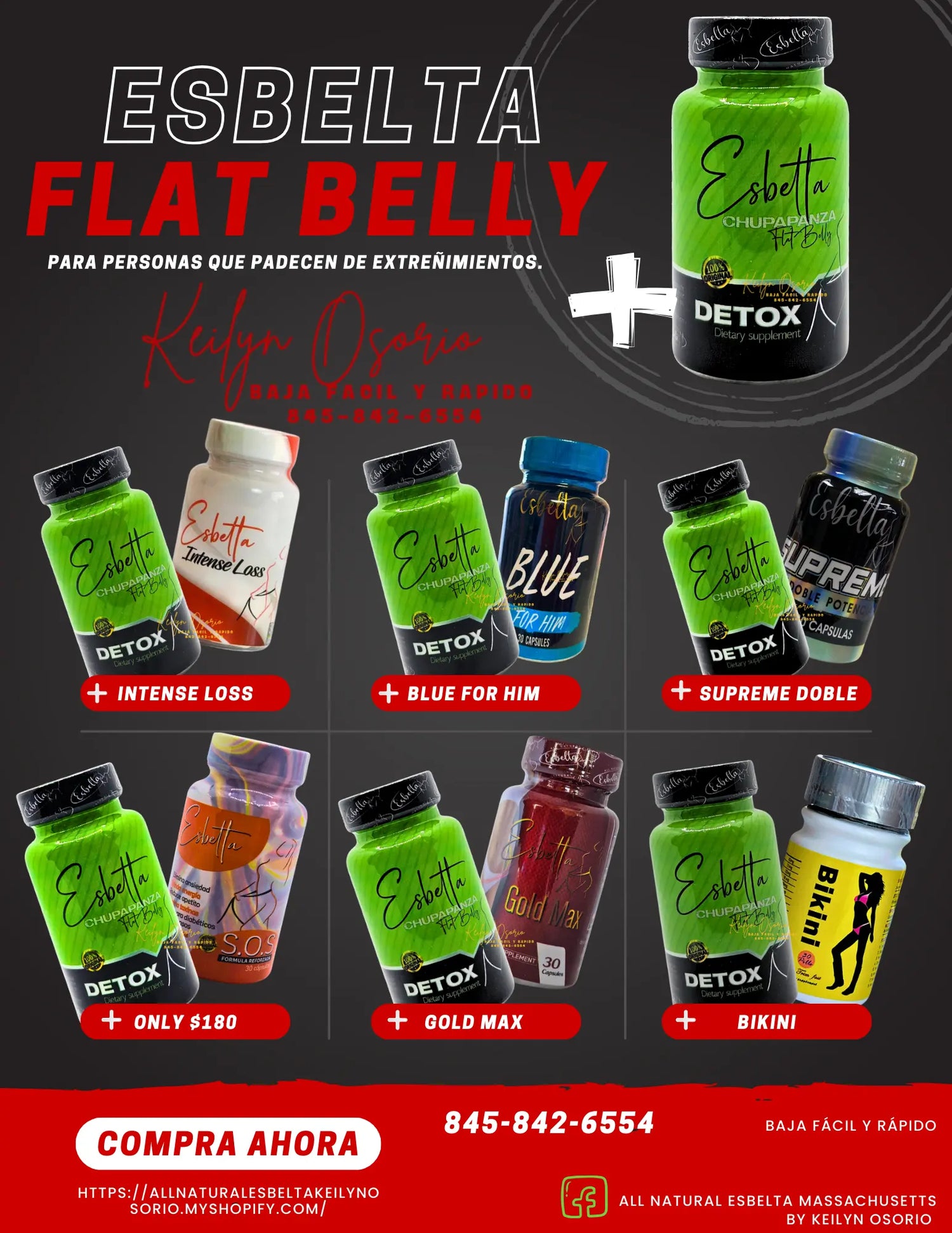 Promotional poster for Esbelta Flat Belly and Detox supplements, showing various colorful product bottles, contact info, and a call to action to purchase. Text is mainly in Spanish.