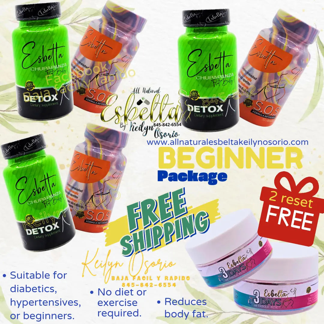 Colorful ad for Esbeltta detox and slimming products, including bottles and jars, highlighting benefits and offers like “beginner package,” “free shipping,” and “2 reset free.” Contact info and claims included.