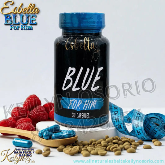 A bottle of ESBELTA BLUE Y ESBELTA DETOX ELB CÁPSULAS PARA LA PERDIDA DE PESO (30 capsules) sits among a tape measure, blue capsules, coffee beans, raspberries, and a wooden spoon—highlighting weight loss and vitality for men. Website and contact info appear below.