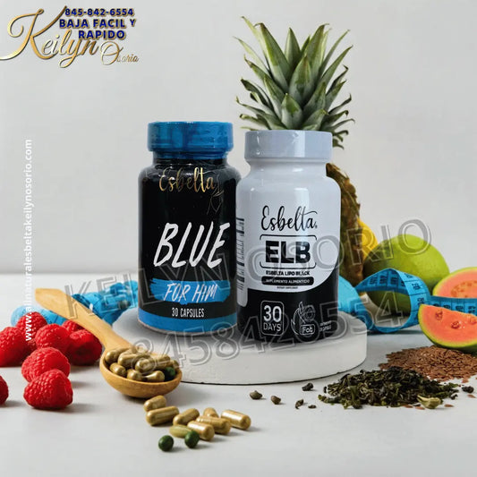 Two bottles of ESBELTA BLUE y ESBELTA DETOX ELB cápsulas para la pérdida de peso sit on a white surface with capsules, green tablets, powder, and fruit slices—ideales para el metabolismo masculino y la definición muscular.