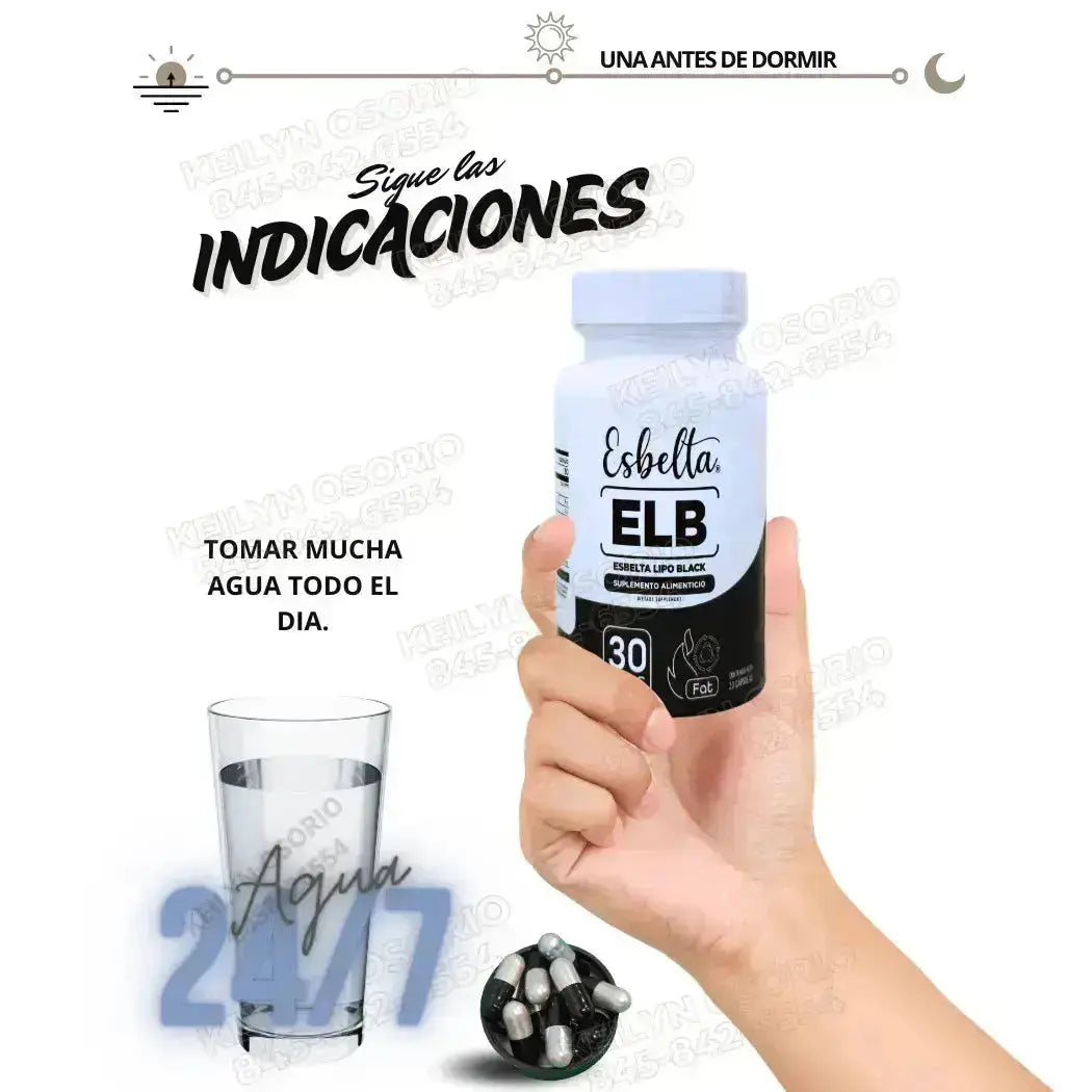 Indicaciones de ELB una antes de ir a dormir, tomar mucha agua todo el dia. 