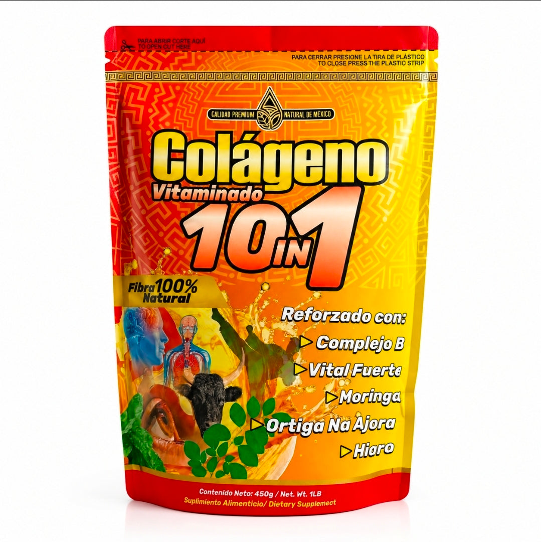Bolsa de Natural de México Colágeno Vitaminado 10 en 1, presentación de 450 g.
