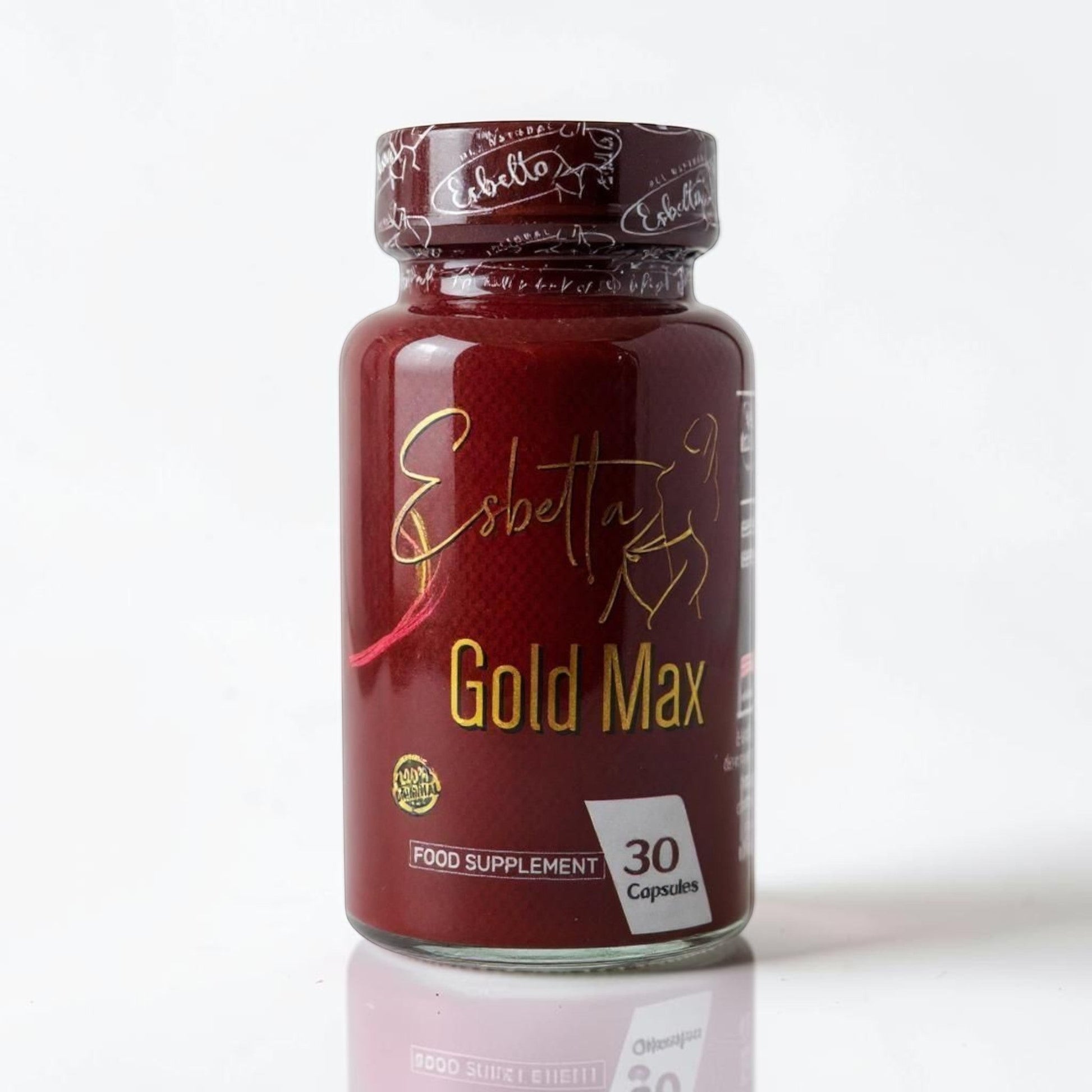 Frasco Esbelta Gold Max de U BODY STORE con, envase color vino con letras oro.