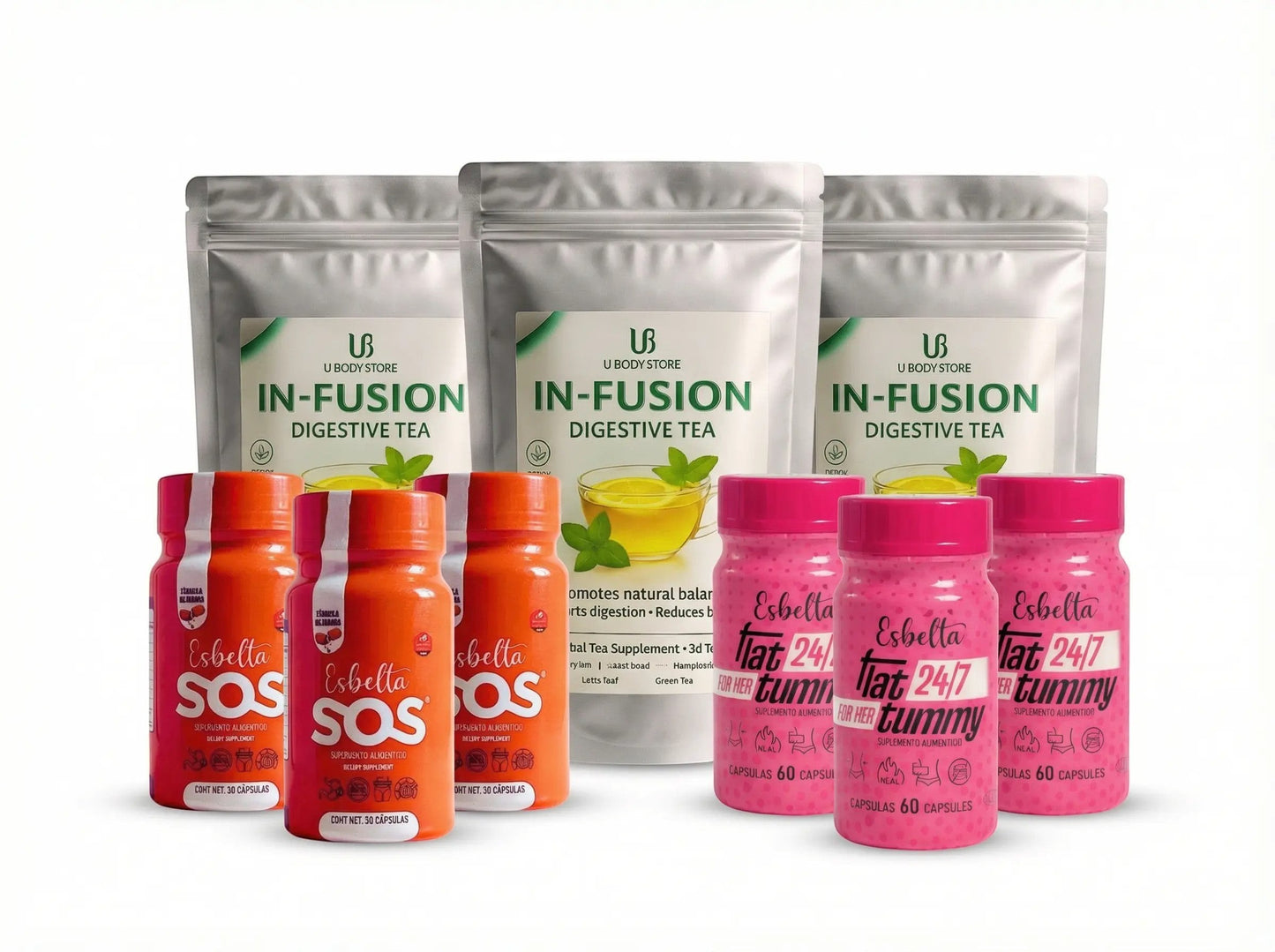 Pack de bienestar U BODY STORE con té digestivo IN-FUSION, cápsulas Esbelta SOS y Flat 24/7 Tummy para rutina diaria.