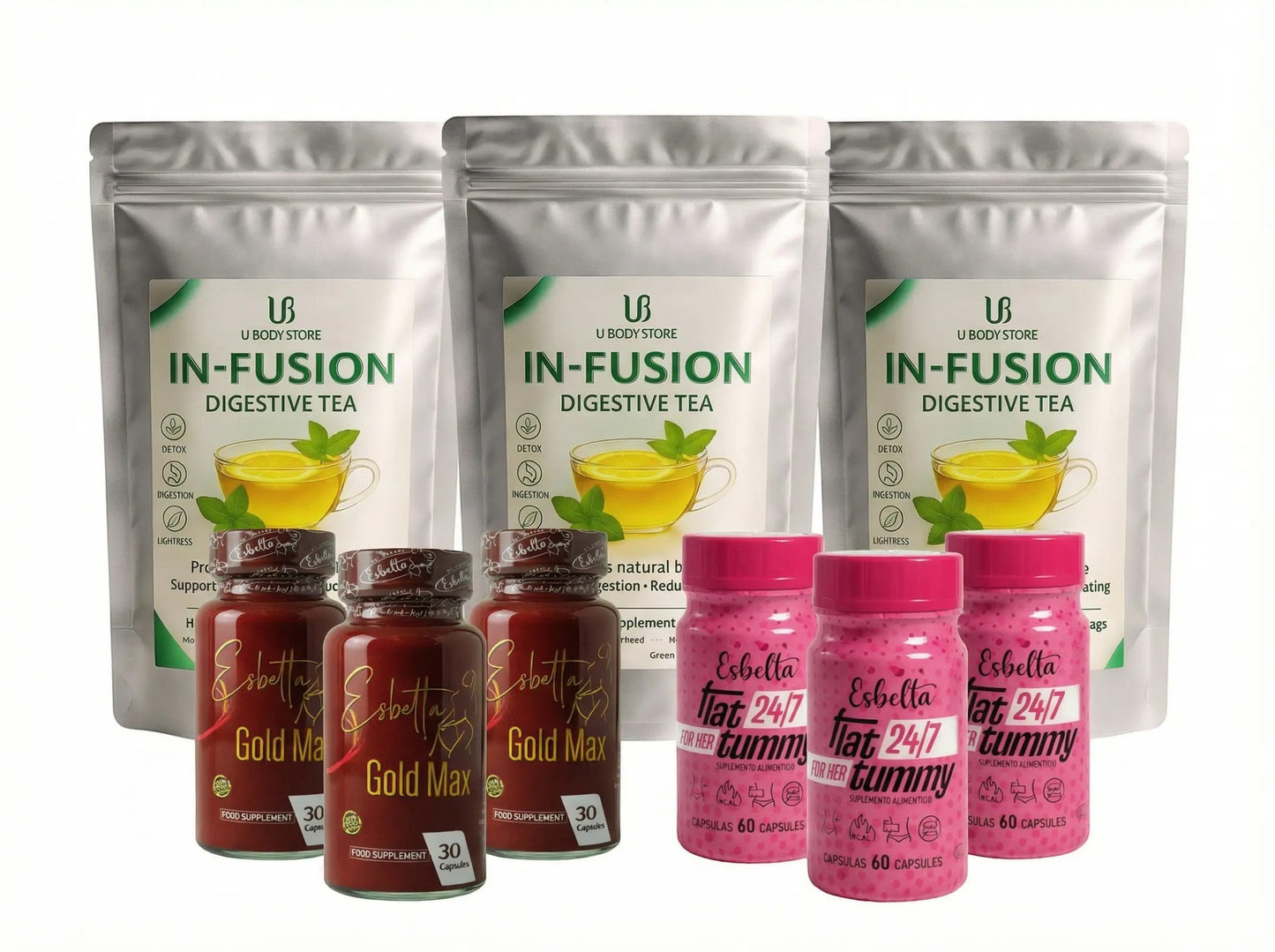 Pack de bienestar U BODY STORE con té digestivo IN-FUSION, cápsulas Flat Tummy y suplementos Gold Max en envases.