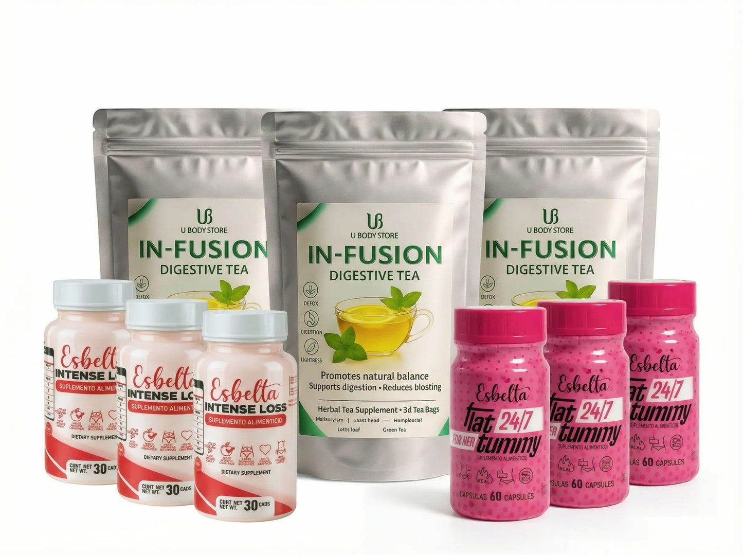 Pack de bienestar U BODY STORE con té digestivo IN-FUSION, cápsulas Esbelta Intense Loss y Flat 24/7 Tummy.