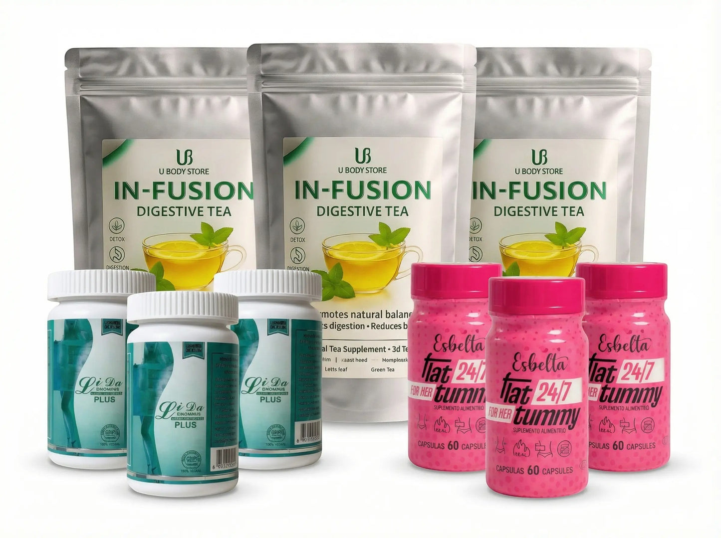 Pack de bienestar U BODY STORE con té digestivo IN-FUSION, cápsulas Flat Tummy y suplementos Li Da PLUS.