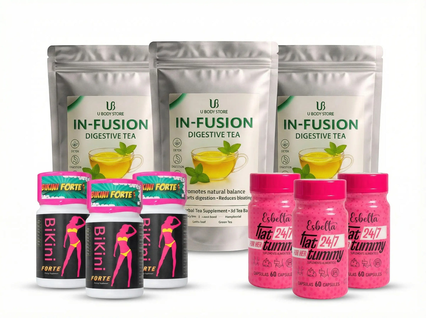 Pack de bienestar U BODY STORE con té IN-FUSION, cápsulas Bikini Forte y Flat Tummy para apoyo digestivo y rutina.