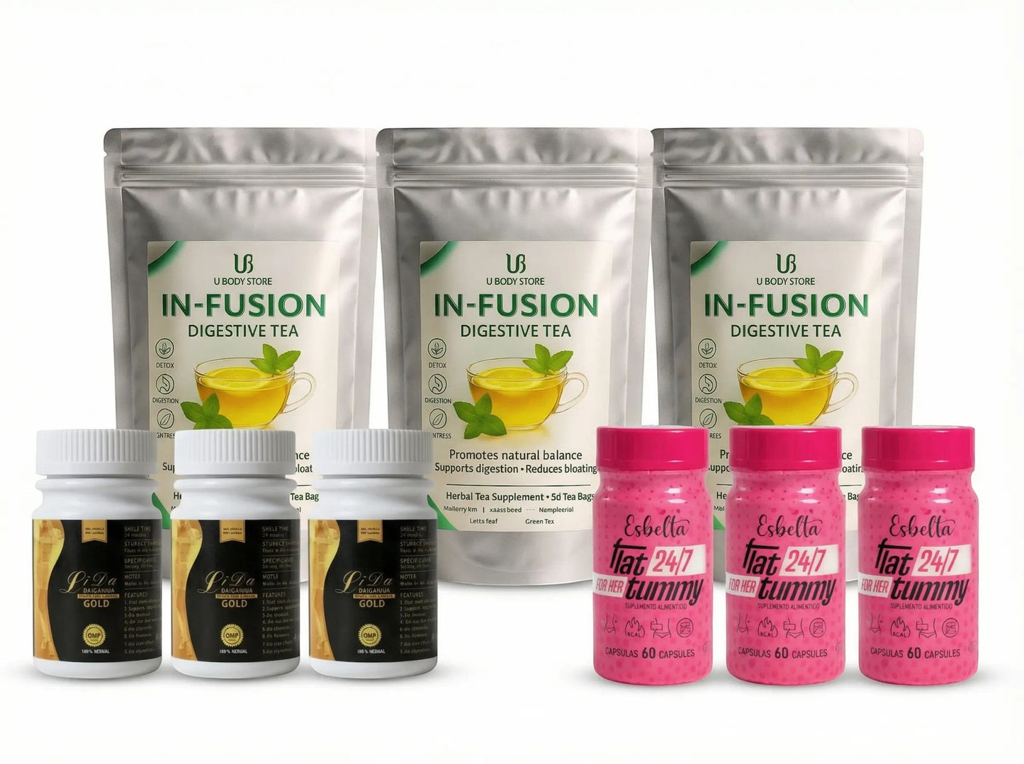 Pack U BODY STORE con té digestivo IN-FUSION, cápsulas Flat Tummy y suplementos para bienestar y rutina diaria.