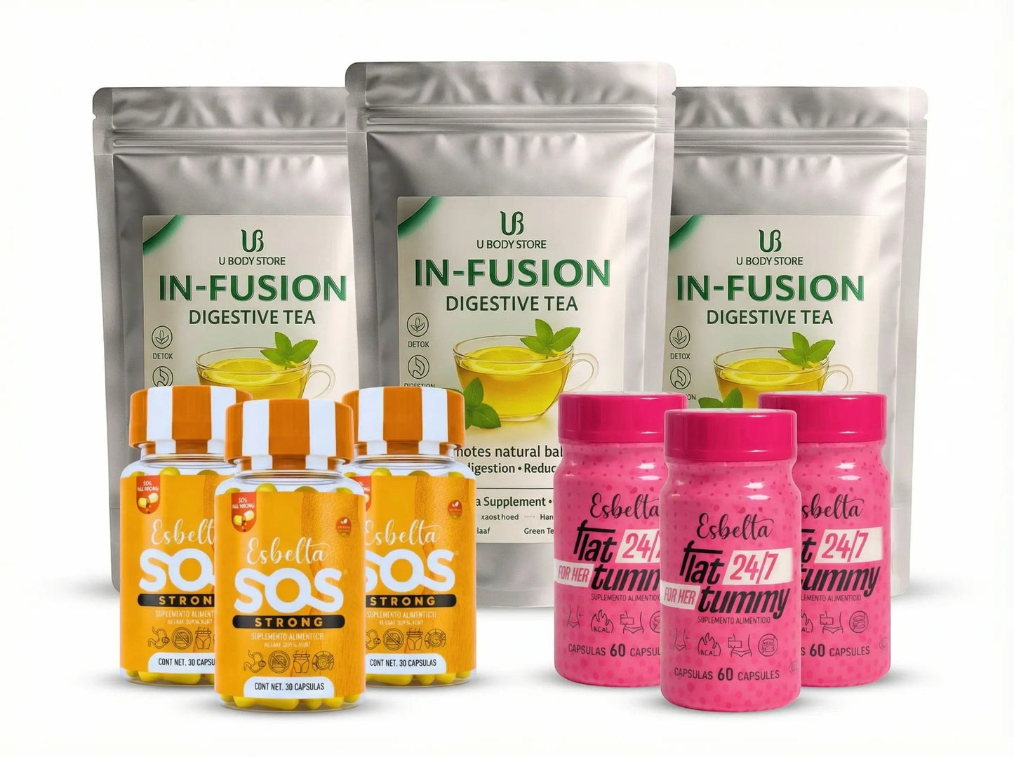 Pack de bienestar U BODY STORE con té digestivo IN-FUSION, cápsulas Flat Tummy y suplementos SOS en envases variados.