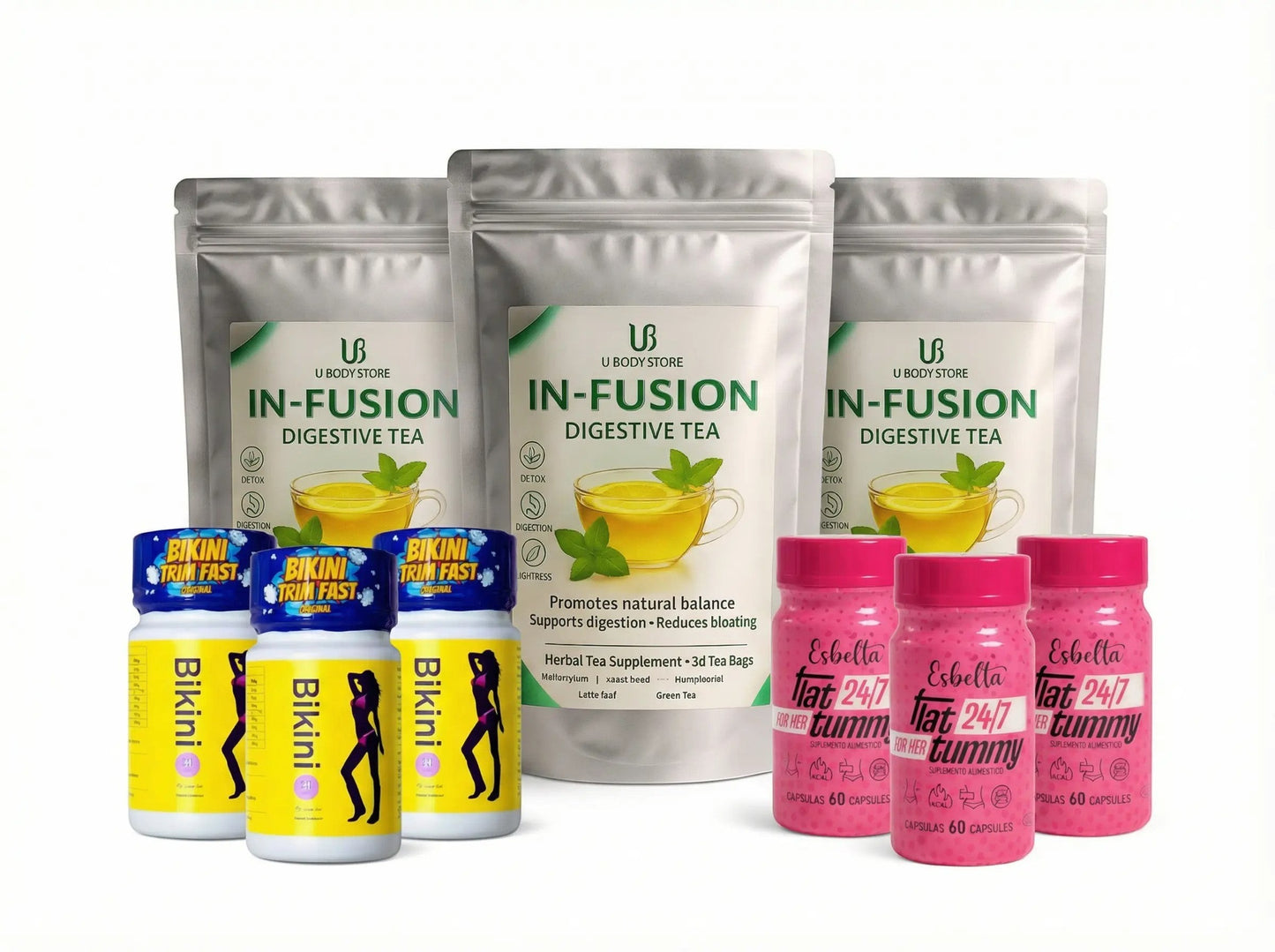 Pack de bienestar U BODY STORE con té digestivo IN-FUSION, cápsulas Bikini Trim Fast y suplementos Flat 24/7 Tummy.