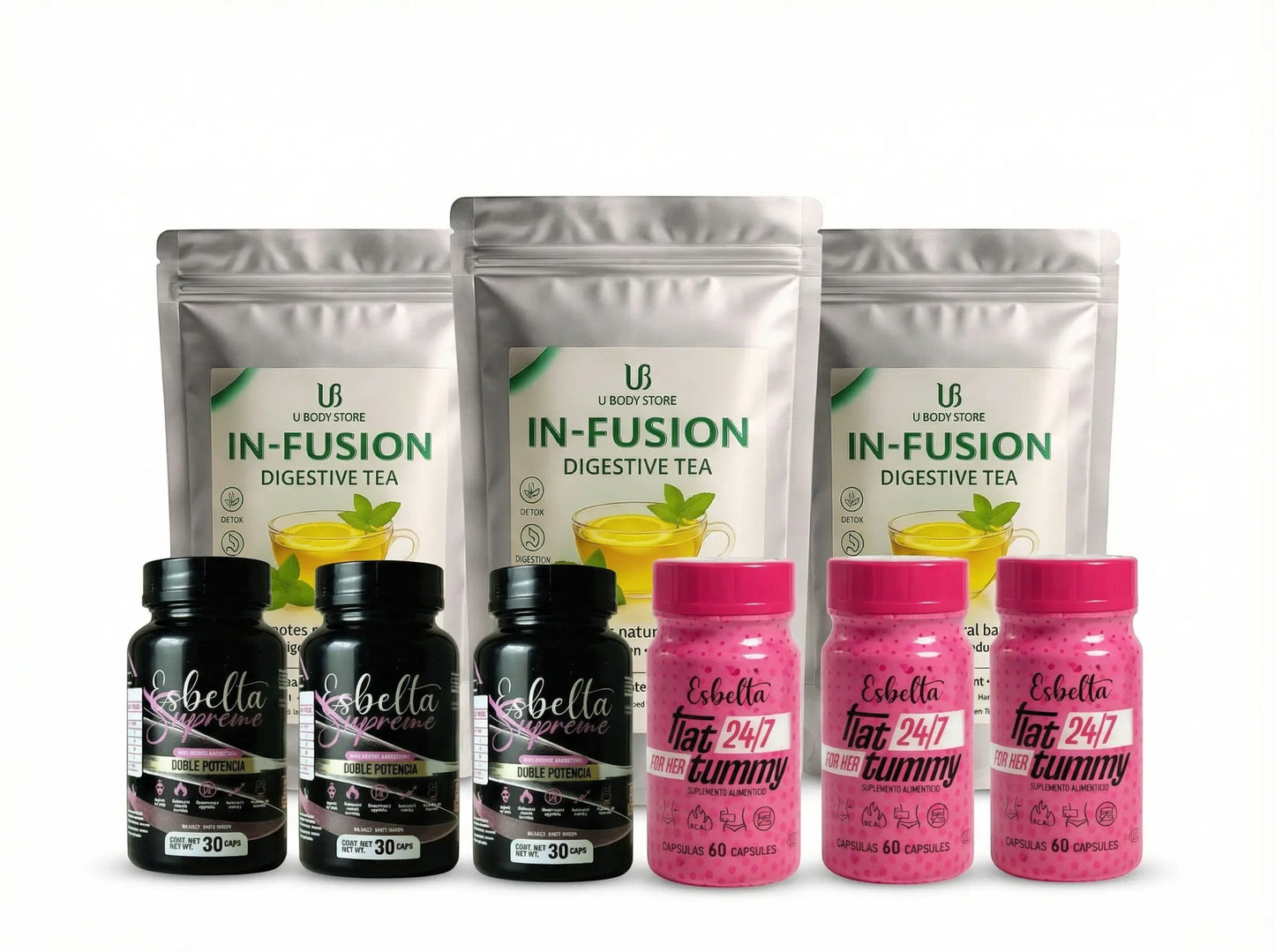Pack de bienestar U BODY STORE con té digestivo IN-FUSION, cápsulas Esbelta Supreme y Flat 24/7 Tummy para rutina.