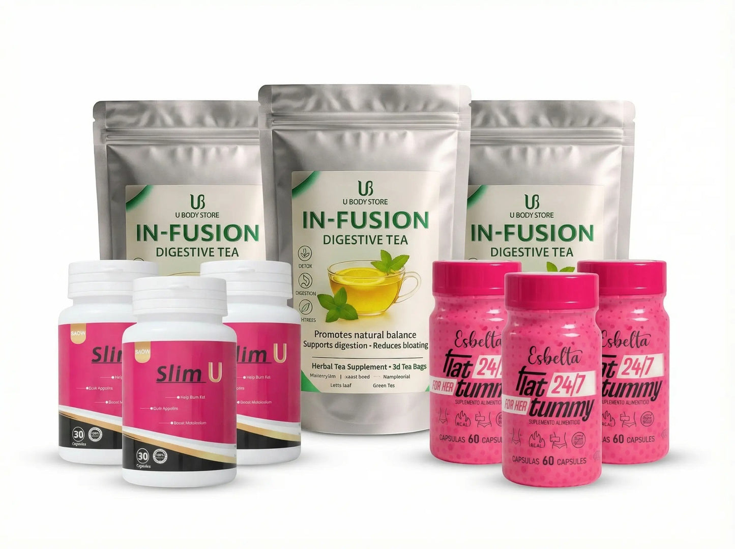 Pack de bienestar U BODY STORE con té digestivo IN-FUSION, cápsulas Slim U y suplementos Flat Tummy para rutina diaria