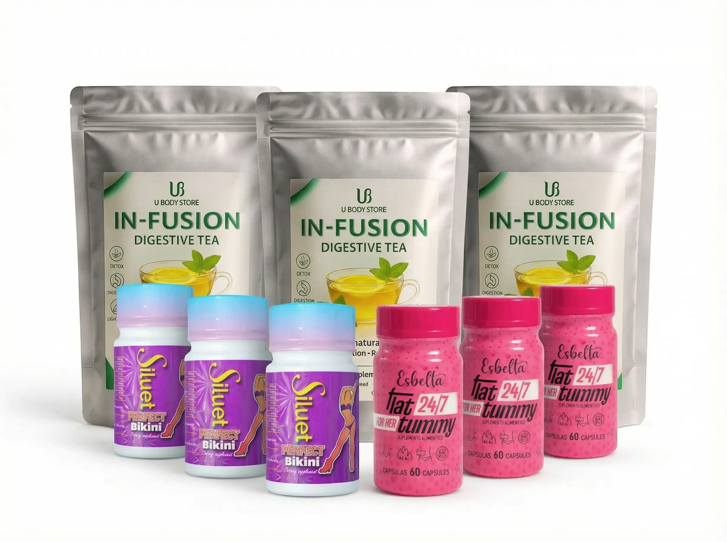 Pack de bienestar U BODY STORE con té digestivo IN-FUSION, cápsulas Siluet Perfect Bikini y suplementos Flat Tummy.