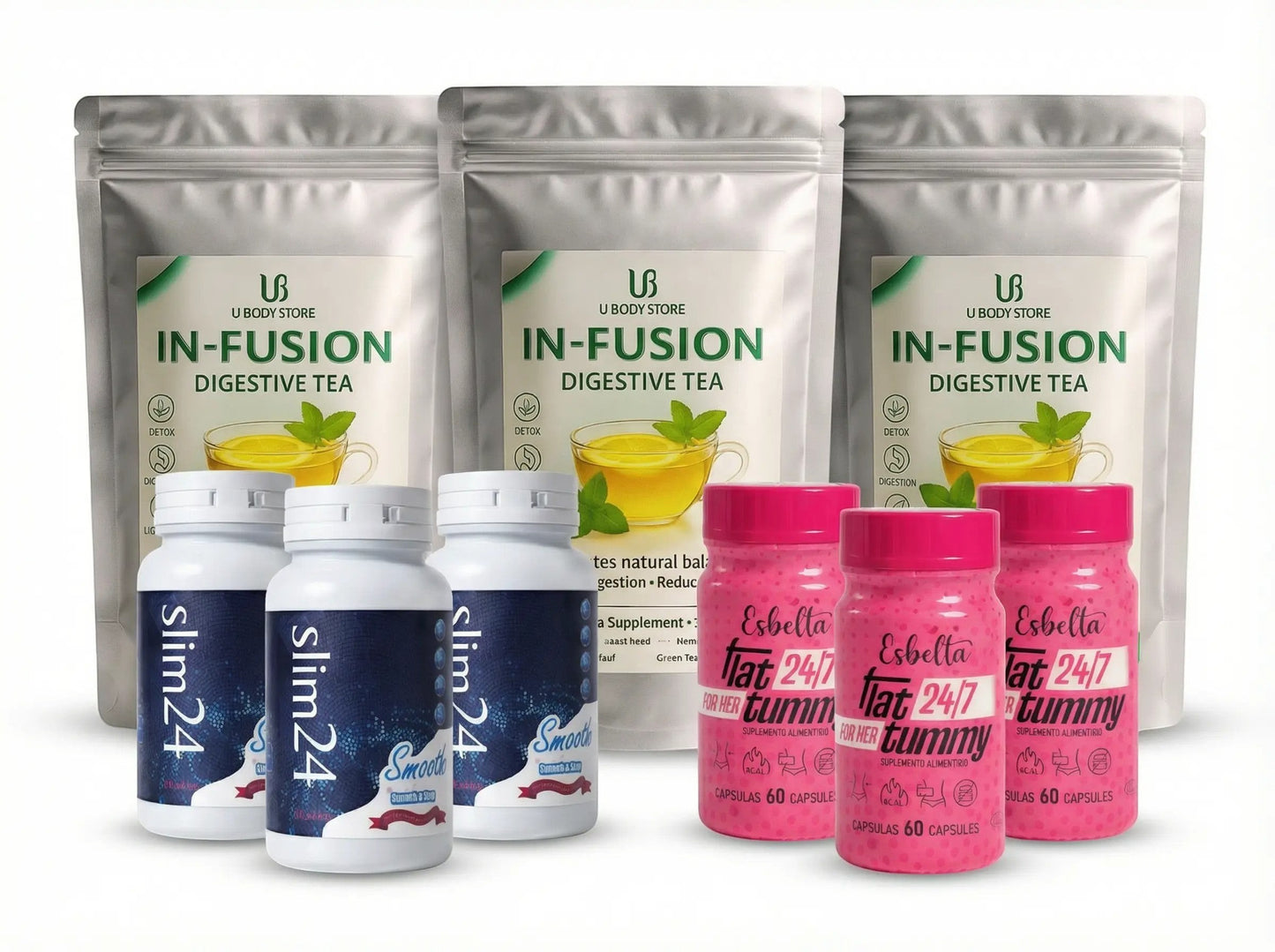 Pack de bienestar U BODY STORE con té digestivo IN-FUSION, cápsulas Slim24 y suplemento Flat Tummy en envases variados.