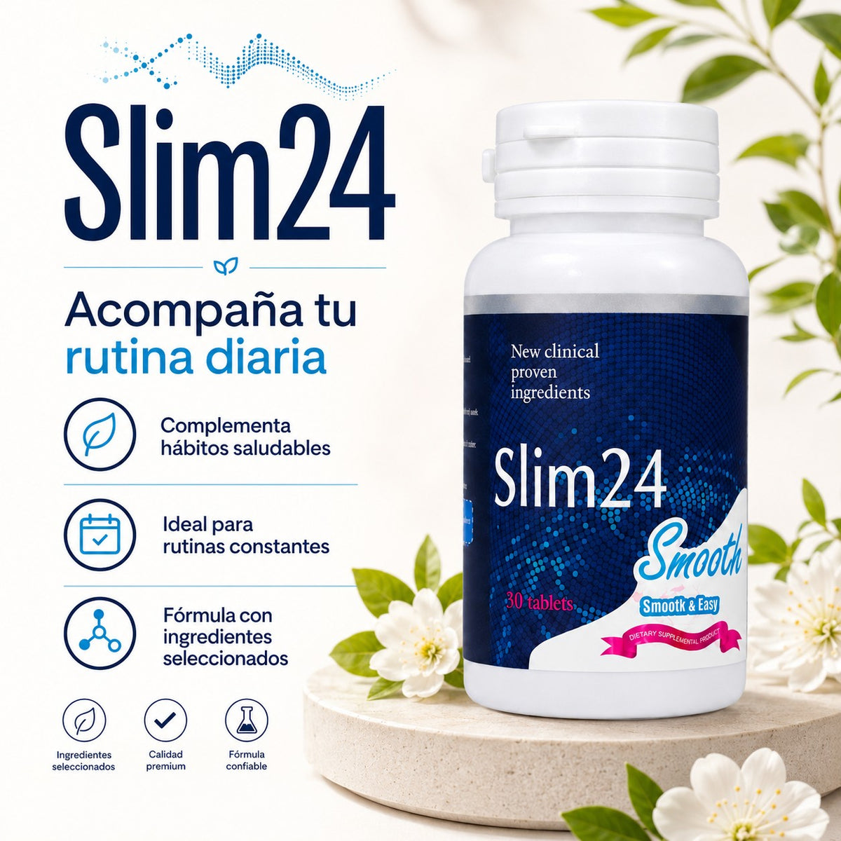 Frasco de suplemento alimenticio Slim24 de U BODY STORE sobre base de piedra con flores blancas y fondo natural.