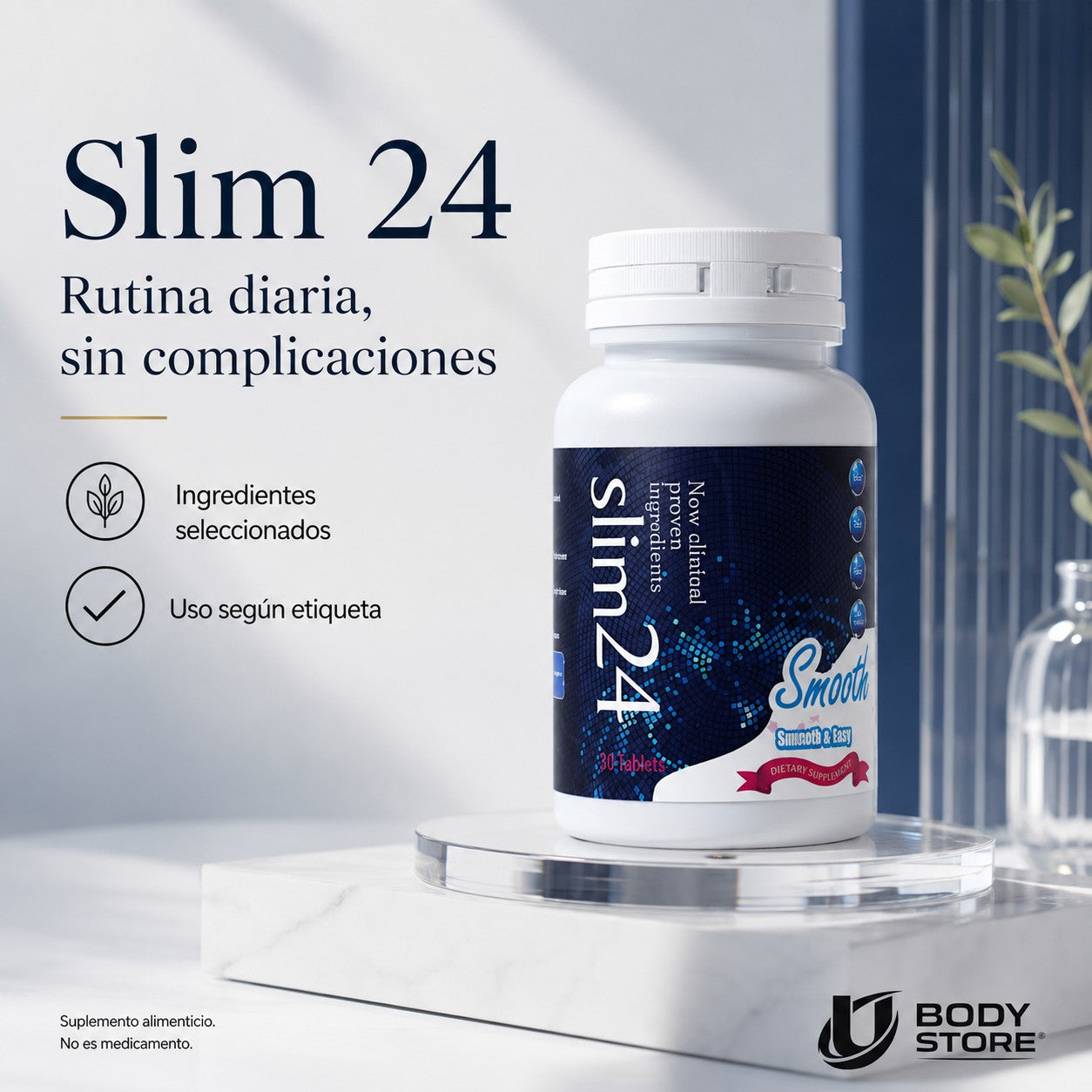 Frasco de suplemento alimenticio Slim24 de U BODY STORE sobre base de cristal con diseño elegante y minimalista