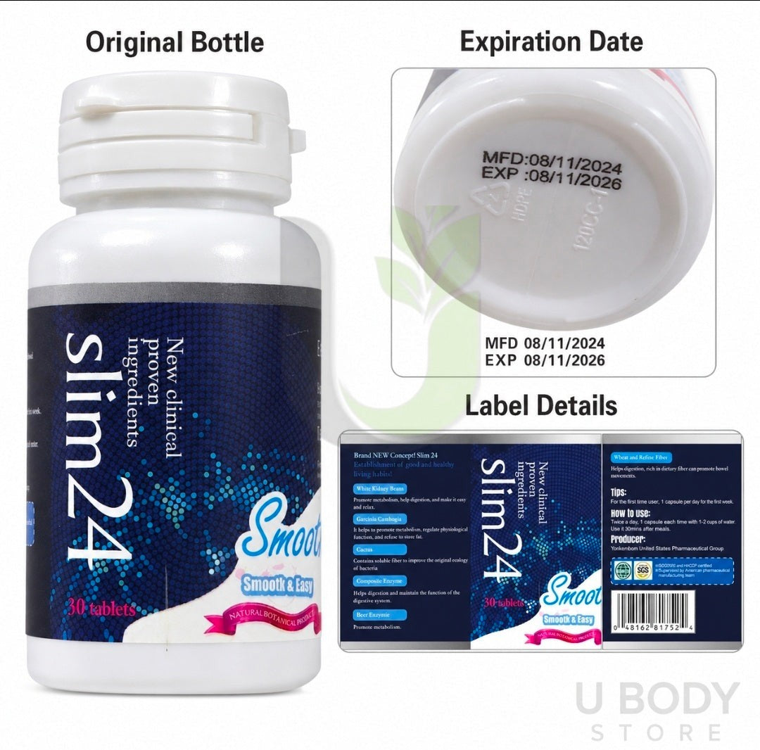 Frasco de suplemento alimenticio Slim24 de U BODY STORE con detalles de etiqueta y fecha de caducidad