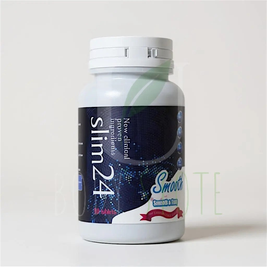 Frasco de suplemento alimenticio Slim24 de U BODY STORE con etiqueta azul y blanca sobre fondo neutro.