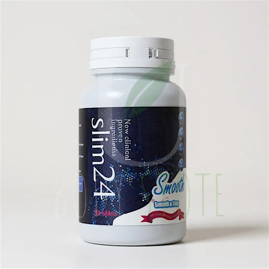 Frasco de suplemento alimenticio Slim24 de U BODY STORE con etiqueta azul y blanca sobre fondo neutro.