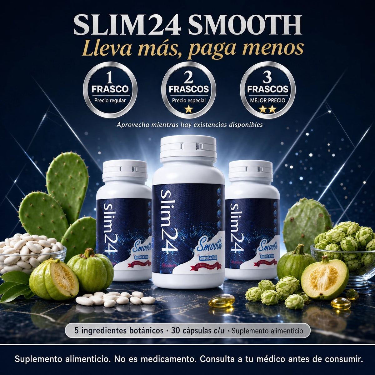 Suplemento alimenticio Slim24 Smooth de U BODY STORE con ingredientes botánicos, presentado en frascos con nopal