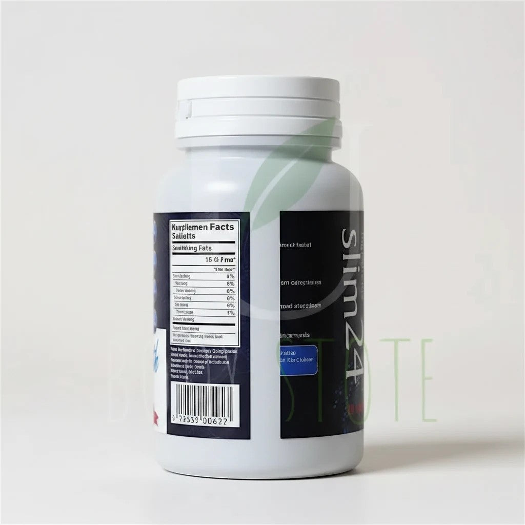 Frasco blanco de suplemento alimenticio Slim24 de U BODY STORE mostrando la etiqueta con información nutricional