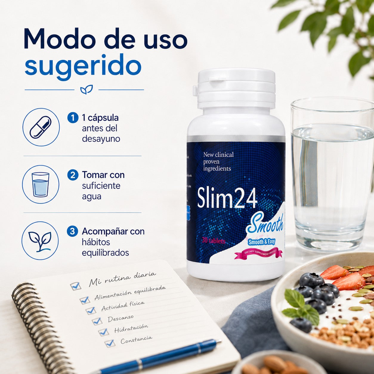 Suplemento alimenticio Slim24 de U BODY STORE con instrucciones de uso, cápsulas y hábitos saludables sugeridos.