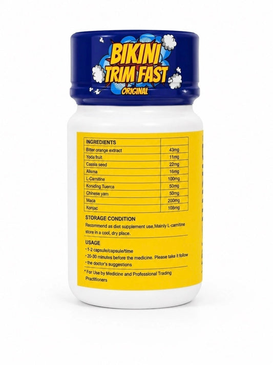Etiqueta trasera del suplemento herbal Bikini Trim Fast de U BODY STORE con lista de ingredientes y modo de uso