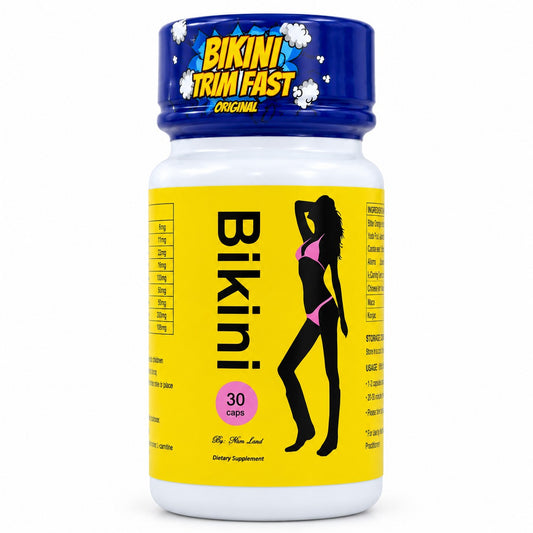 Frasco de suplemento herbal Bikini Trim Fast de U BODY STORE con etiqueta amarilla y silueta femenina